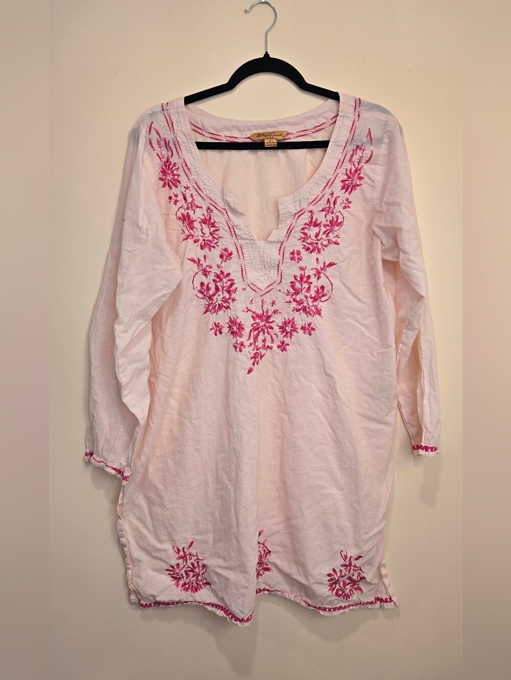 April Cornell Pale Pink Tunic with Magenta Floral Embroidery 3XL
